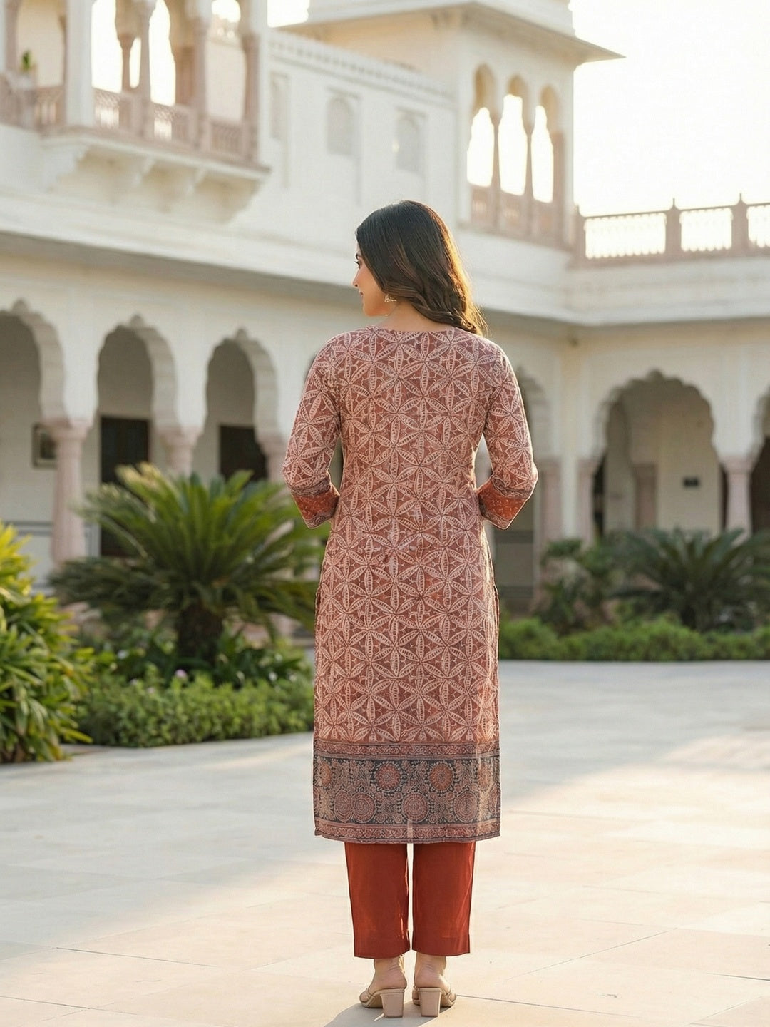 Red Floral Printed Pure Cotton Straight-Fit Salwar Suit With Handwork Detailing - Image 3