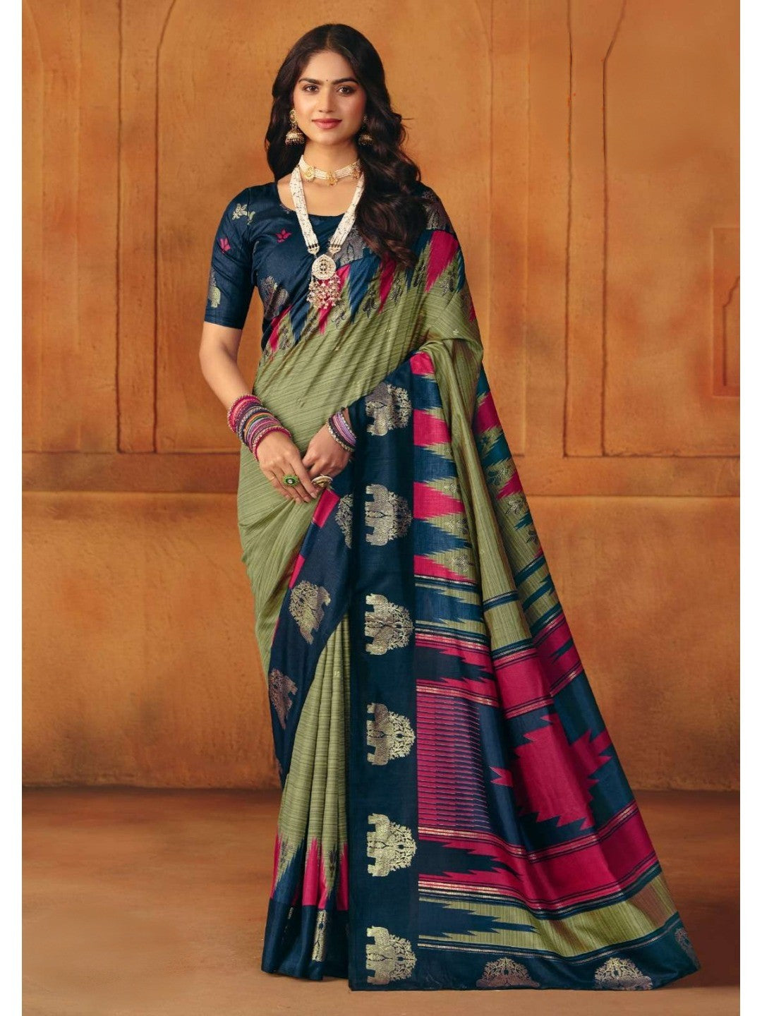 Elegant Mehendi Green Cotton Silk Saree Adorned With Subtle Foil Printed Detailing - Image 1