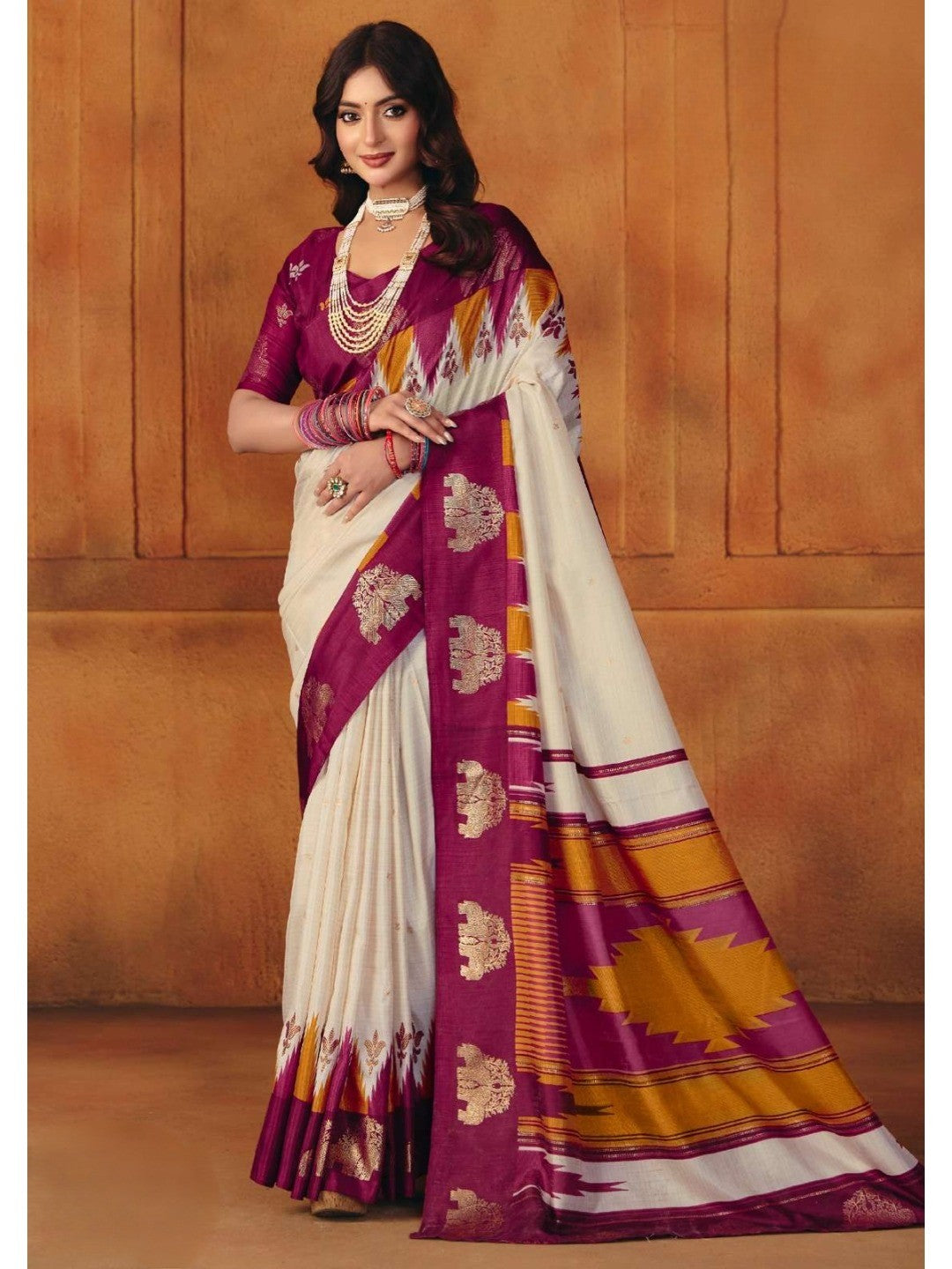 Elegant Offwhite Cotton Silk Saree Adorned With Subtle Foil Printed Detailing - Image 1