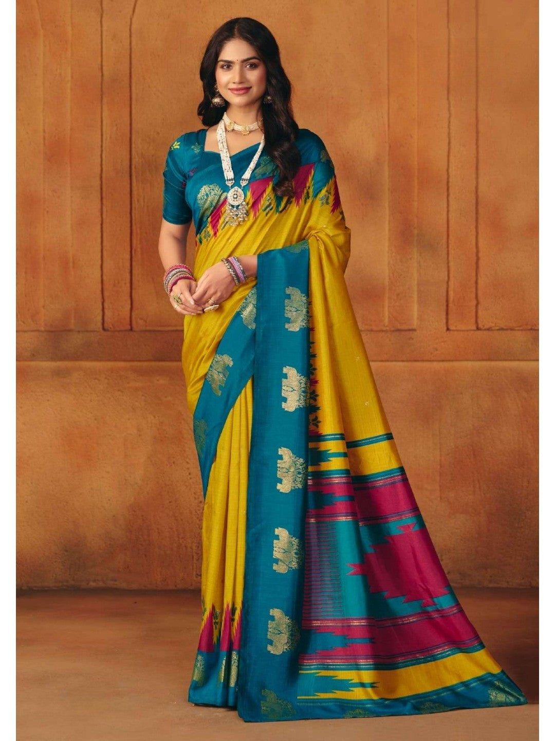 Elegant Mustard Cotton Silk Saree Adorned With Subtle Foil Printed Detailing - Image 1