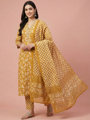 Yellow Floral Printed Pure Cotton Salwar Suit with Mirror Work - Image 1