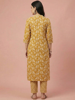 Yellow Floral Printed Pure Cotton Salwar Suit with Mirror Work - Image 2