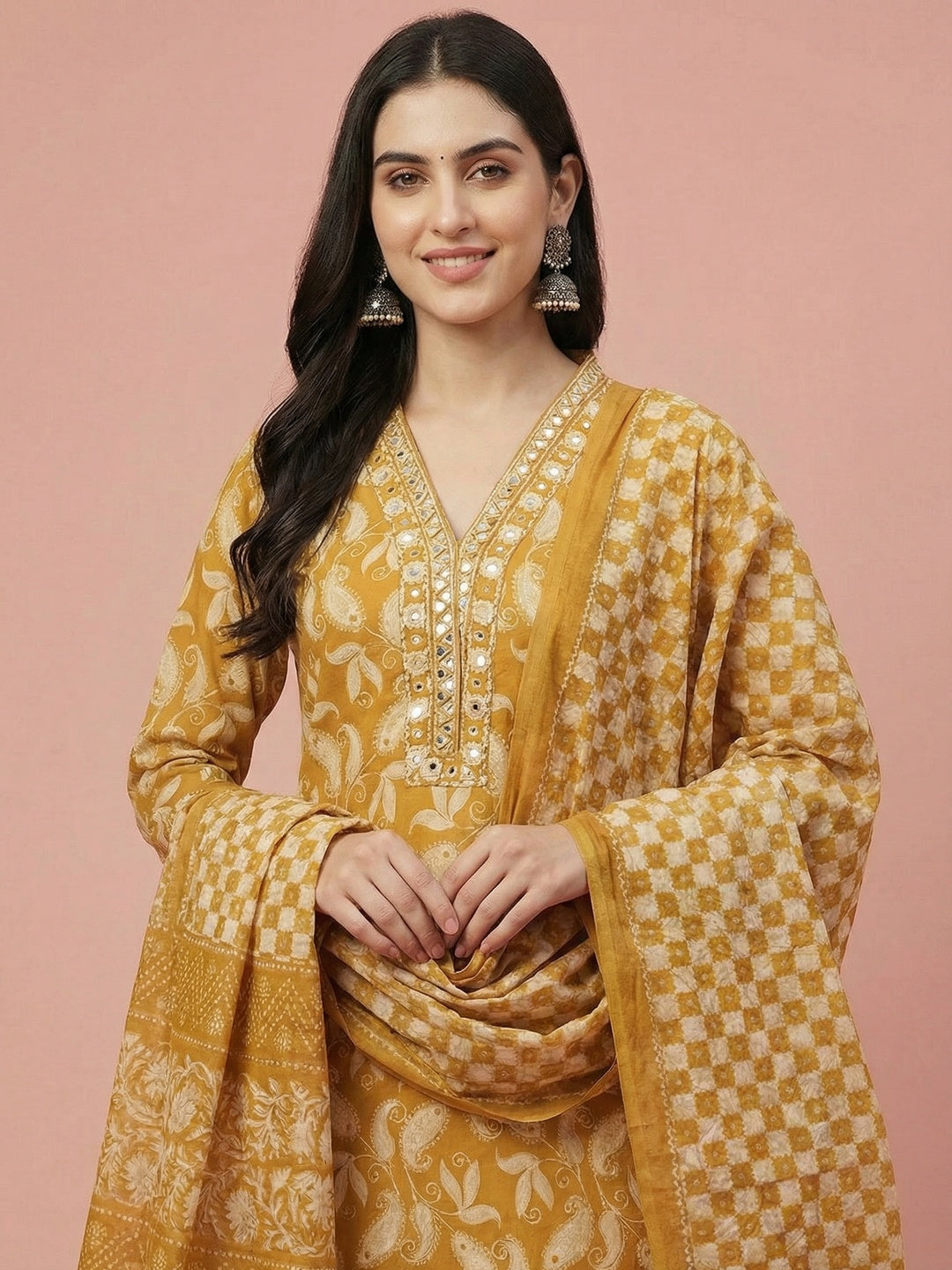 Yellow Floral Printed Pure Cotton Salwar Suit with Mirror Work - Image 2