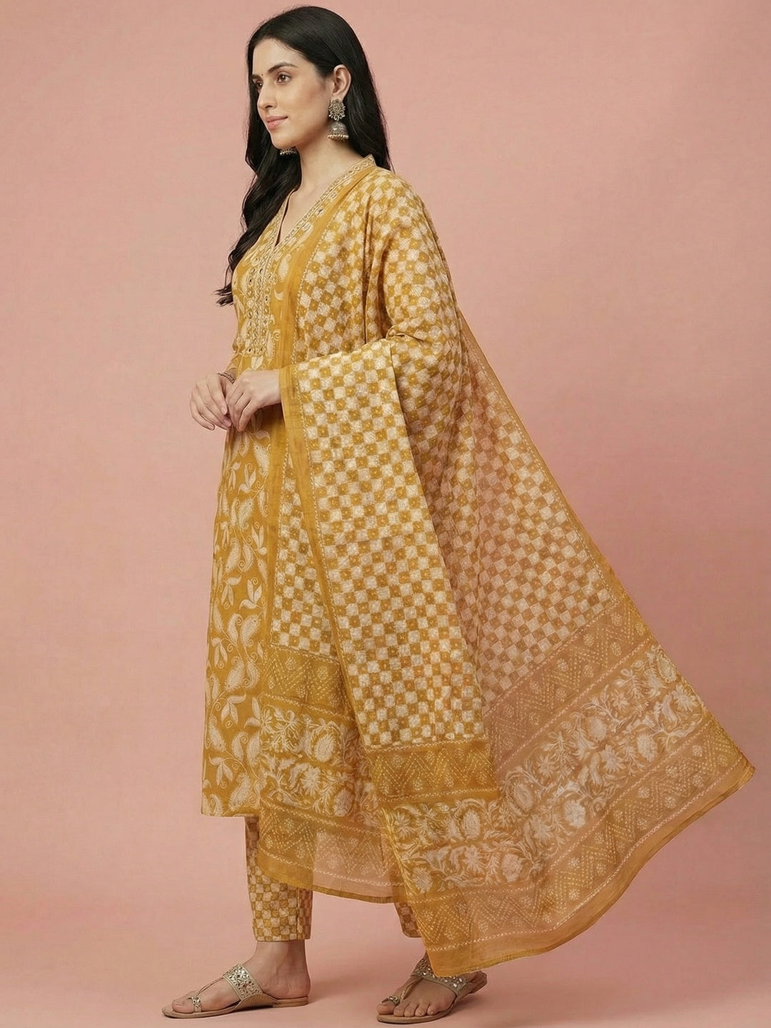 Yellow Floral Printed Pure Cotton Salwar Suit with Mirror Work - Image 4