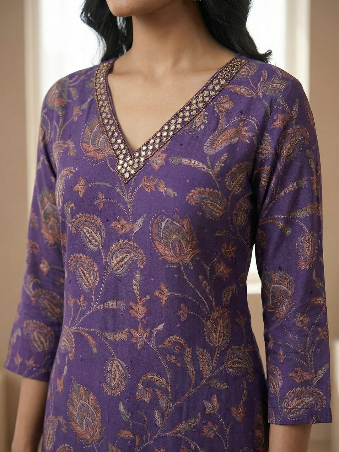 Purple Floral Printed Viscose Straight Fit Salwar Suit with Dupatta - Image 2