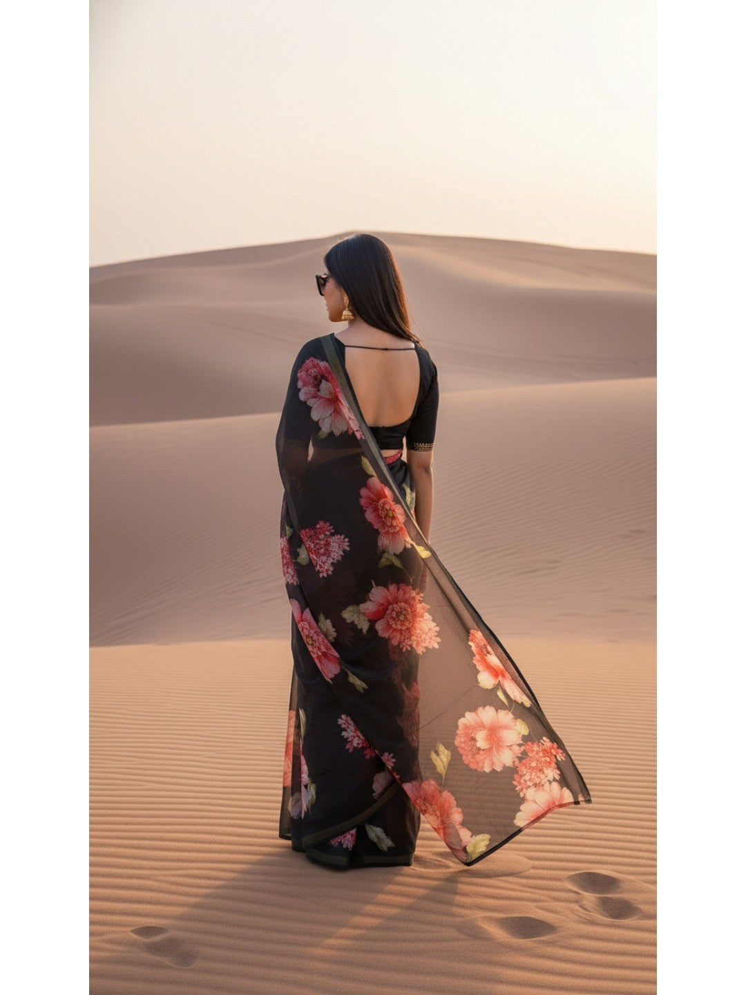 Charming Black Floral Printed Chanderi Cotton Saree Highlighted By Intricate Zari Border Work - Image 3