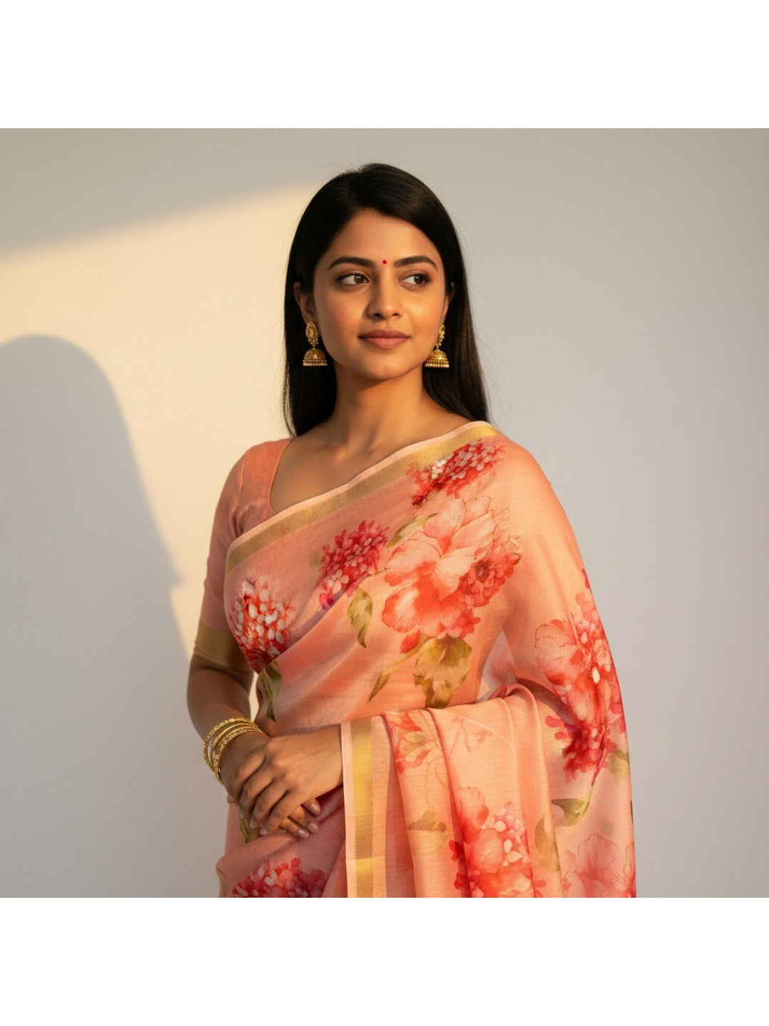 Charming Peach Floral Printed Chanderi Cotton Saree Highlighted By Intricate Zari Border Work - Image 2