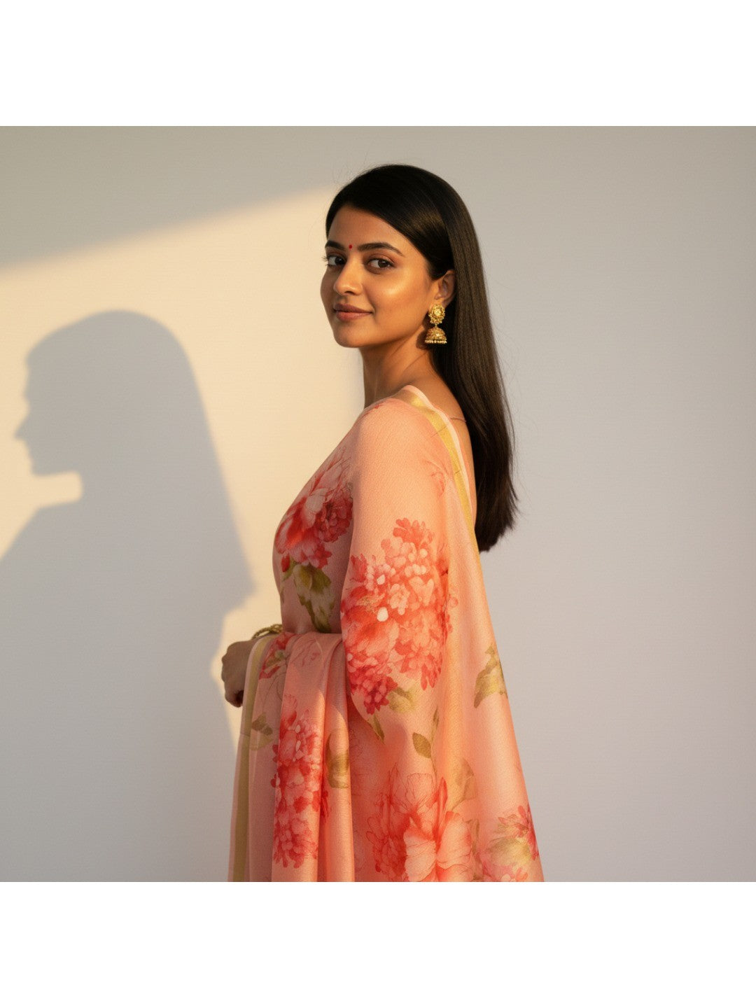 Charming Peach Floral Printed Chanderi Cotton Saree Highlighted By Intricate Zari Border Work - Image 3