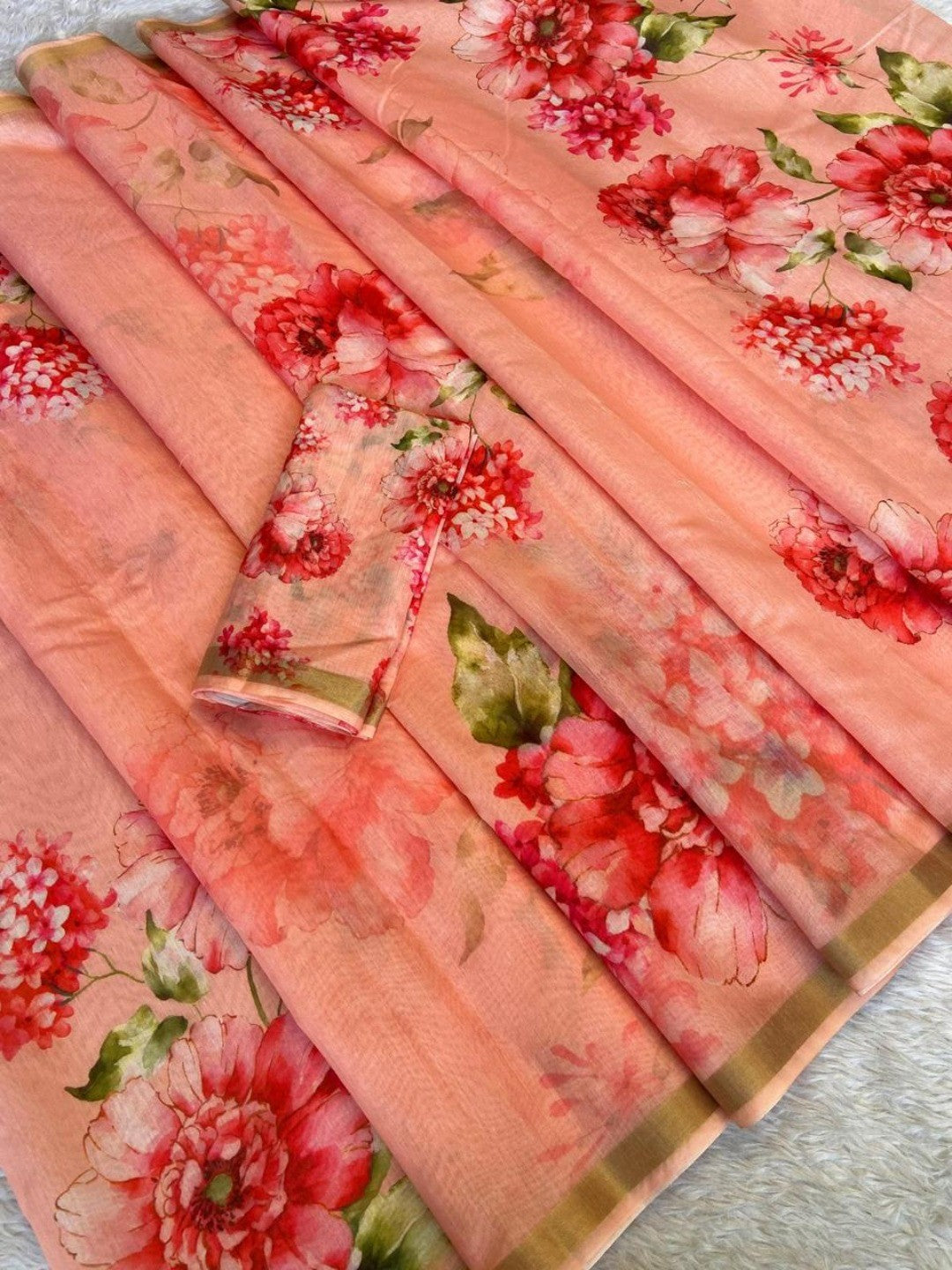 Charming Peach Floral Printed Chanderi Cotton Saree Highlighted By Intricate Zari Border Work - Image 3