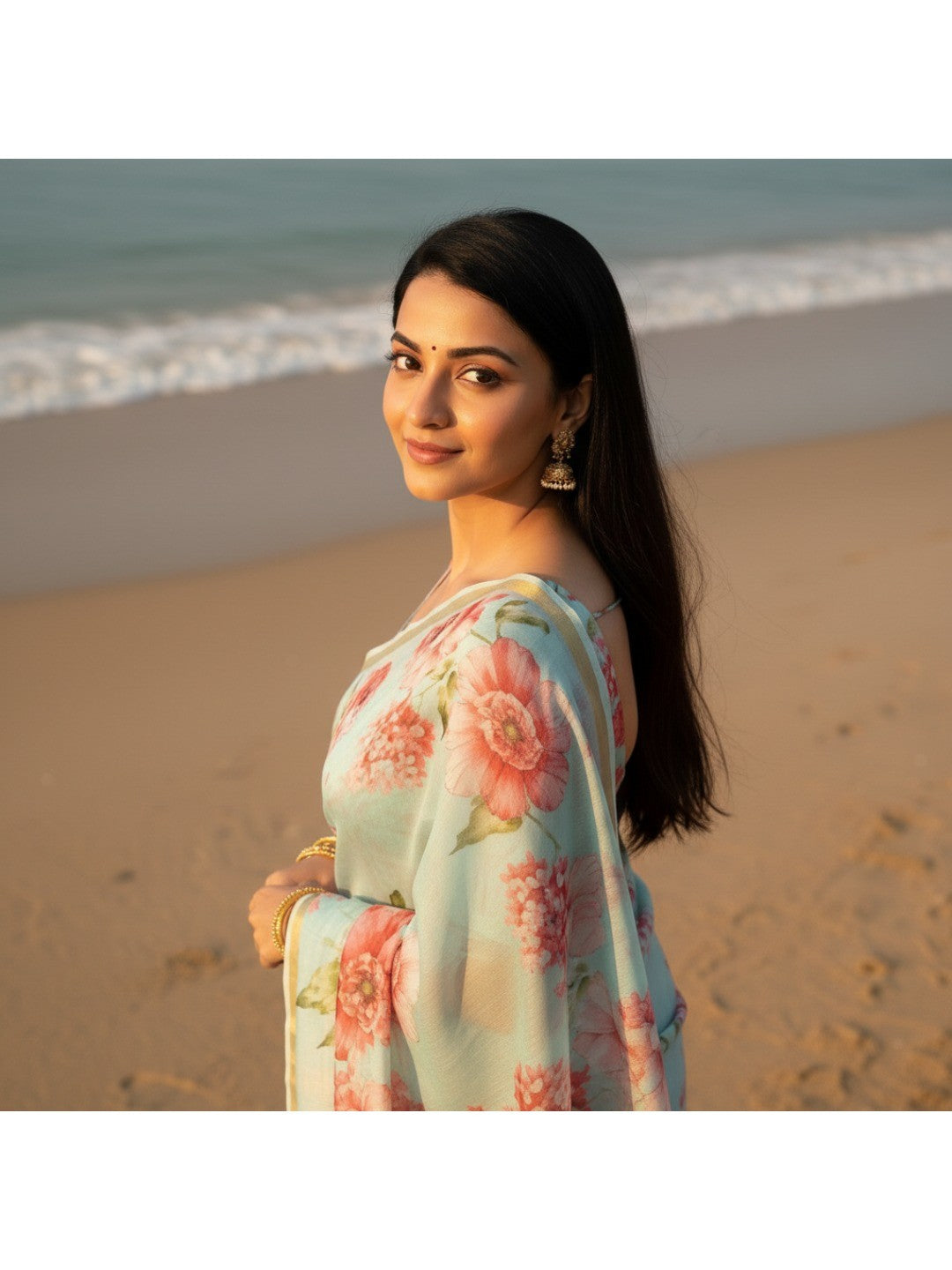 Charming Sea Green Floral Printed Chanderi Cotton Saree Highlighted By Intricate Zari Border Work - Image 2