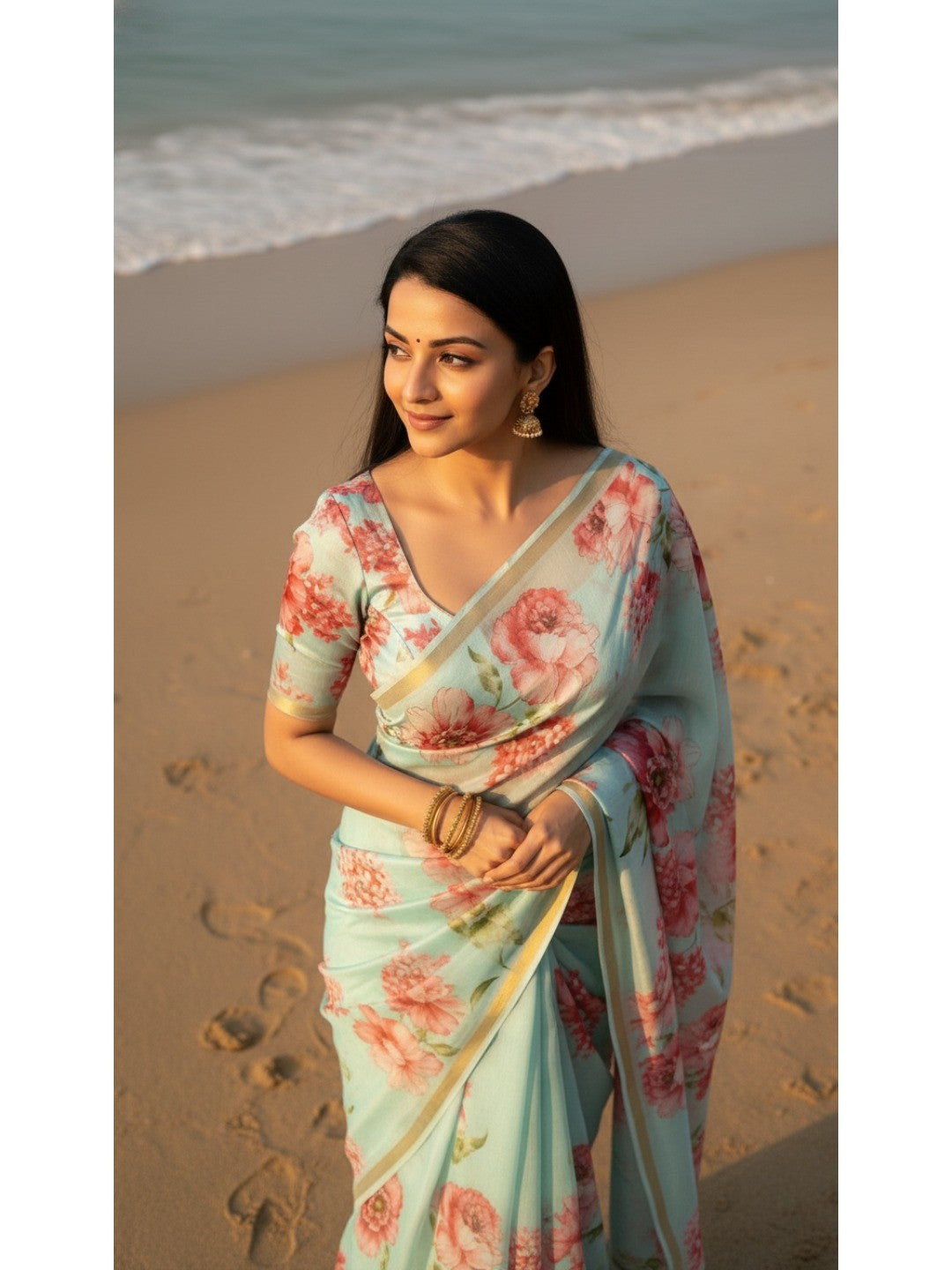 Charming Sea Green Floral Printed Chanderi Cotton Saree Highlighted By Intricate Zari Border Work - Image 5