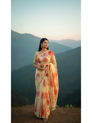 Charming Light Yellow Floral Printed Chanderi Cotton Saree Highlighted By Intricate Zari Border Work - Image 1