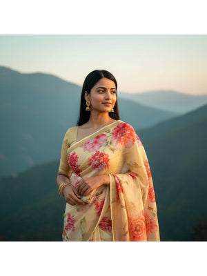 Charming Light Yellow Floral Printed Chanderi Cotton Saree Highlighted By Intricate Zari Border Work - Image 2