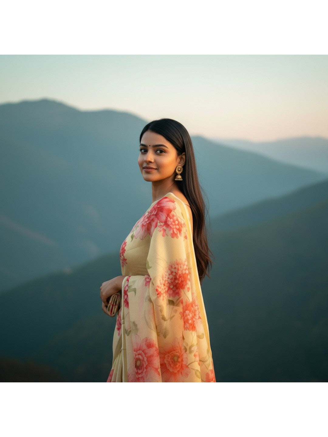 Charming Light Yellow Floral Printed Chanderi Cotton Saree Highlighted By Intricate Zari Border Work - Image 4
