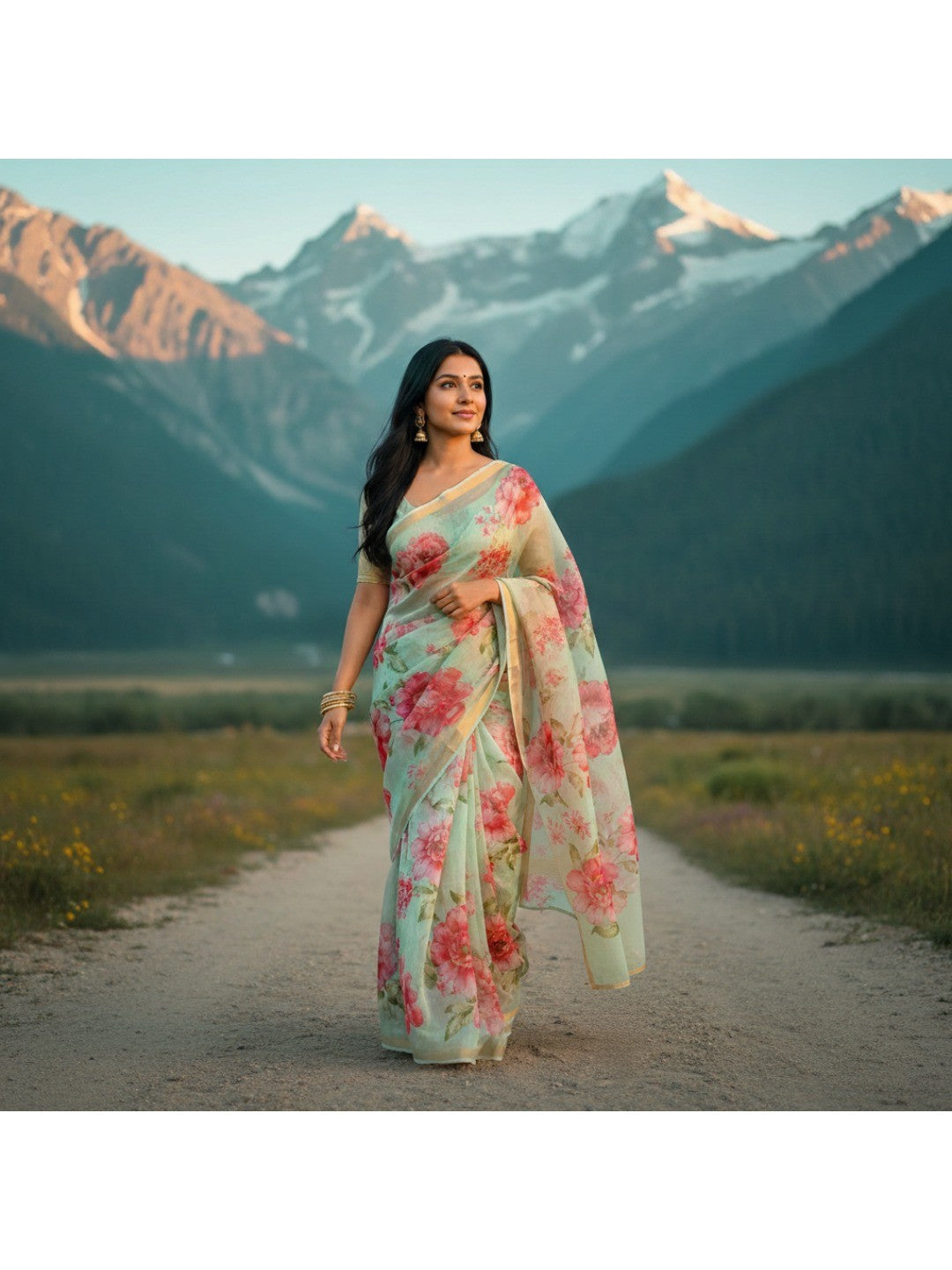 Charming Blue Floral Printed Chanderi Cotton Saree Highlighted By Intricate Zari Border Work - Image 4