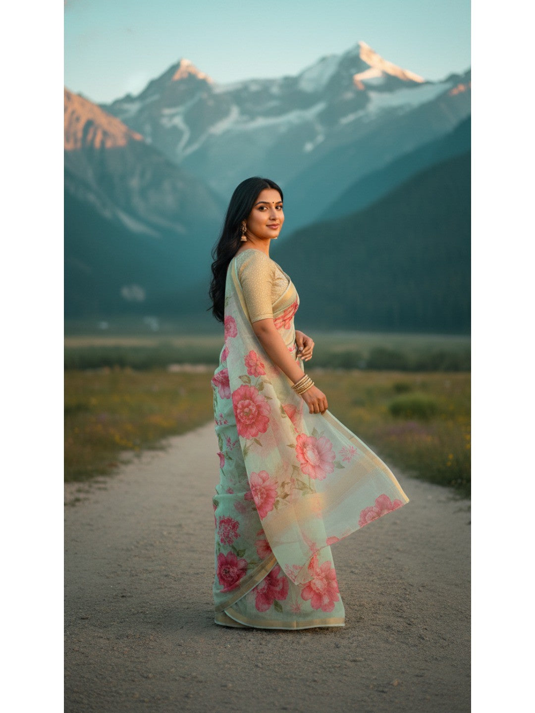 Charming Blue Floral Printed Chanderi Cotton Saree Highlighted By Intricate Zari Border Work - Image 5