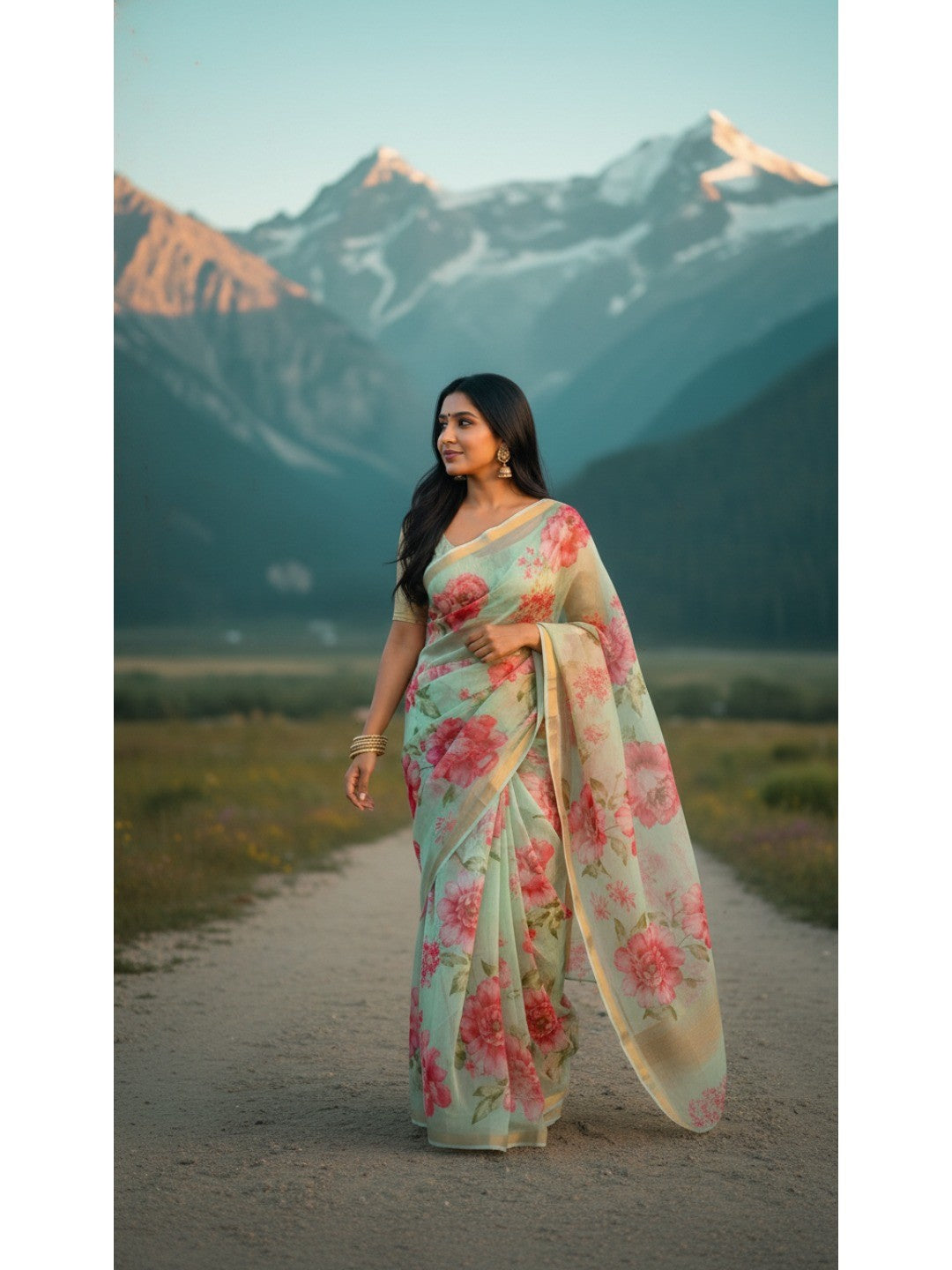 Charming Blue Floral Printed Chanderi Cotton Saree Highlighted By Intricate Zari Border Work - Image 1