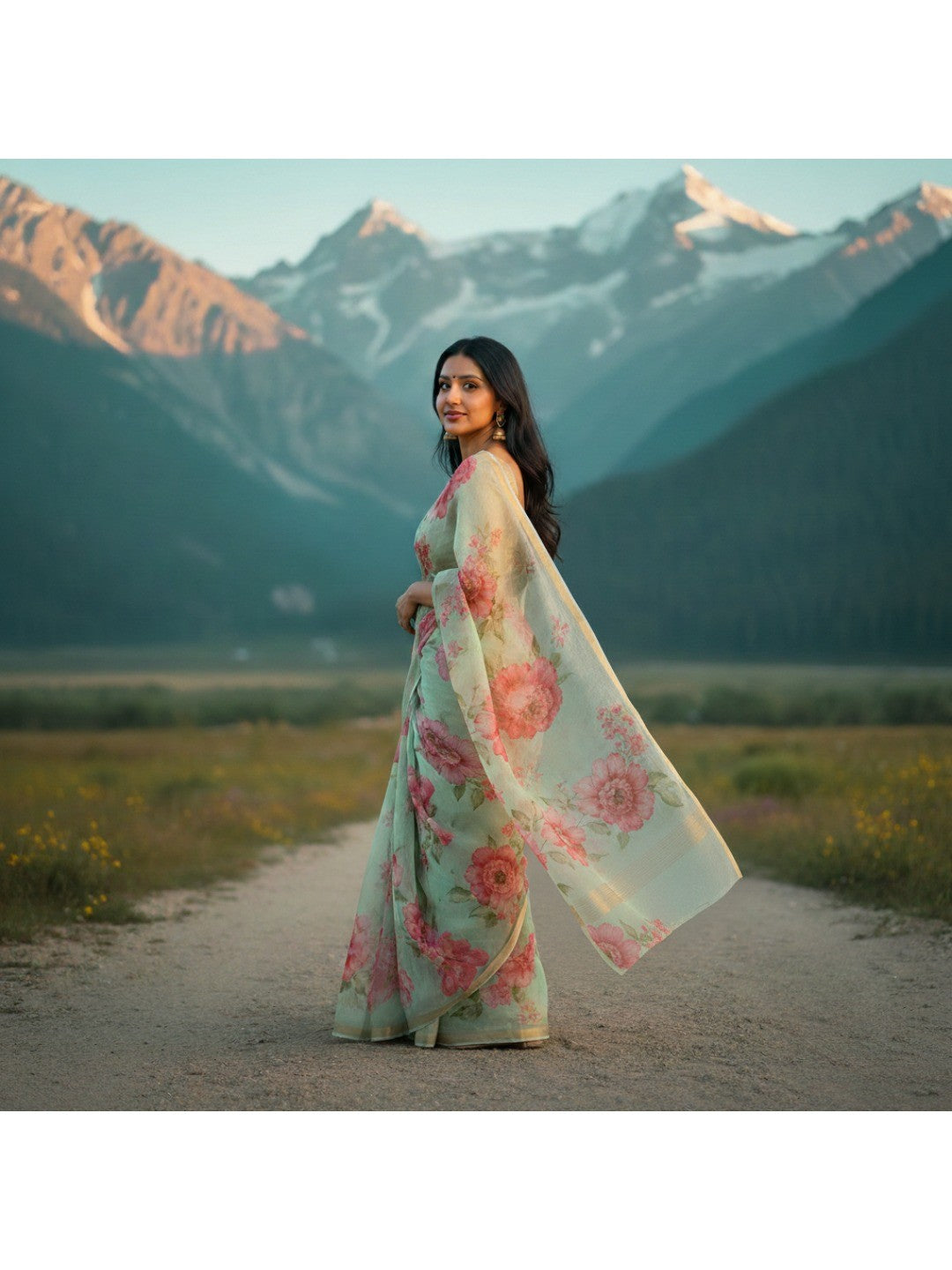 Charming Blue Floral Printed Chanderi Cotton Saree Highlighted By Intricate Zari Border Work - Image 4