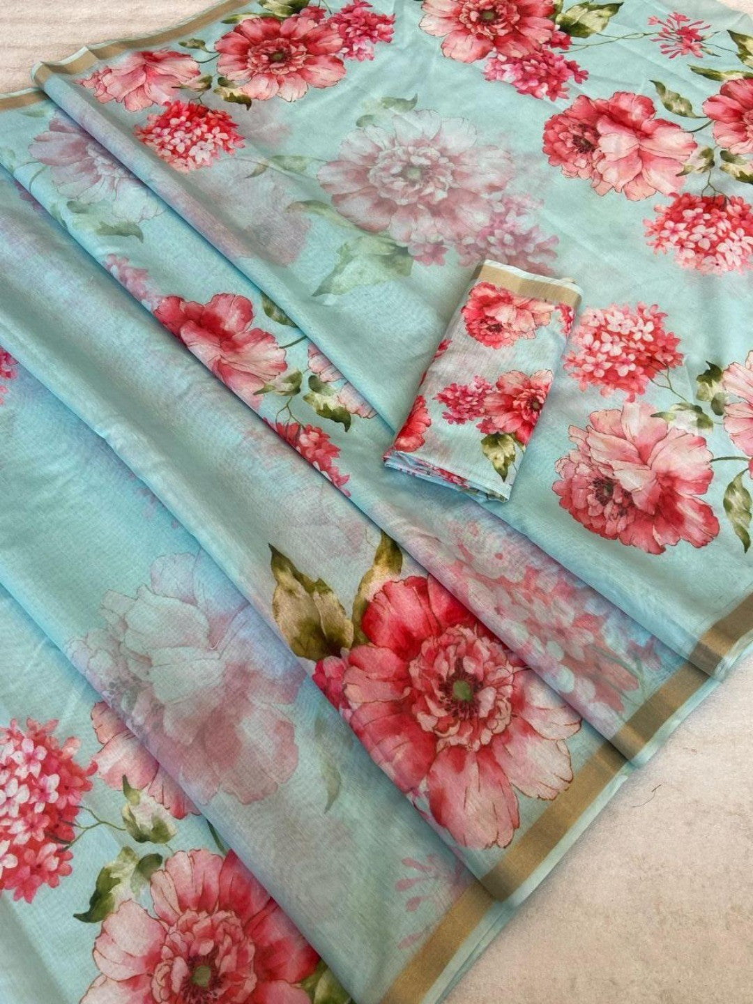 Charming Blue Floral Printed Chanderi Cotton Saree Highlighted By Intricate Zari Border Work - Image 3