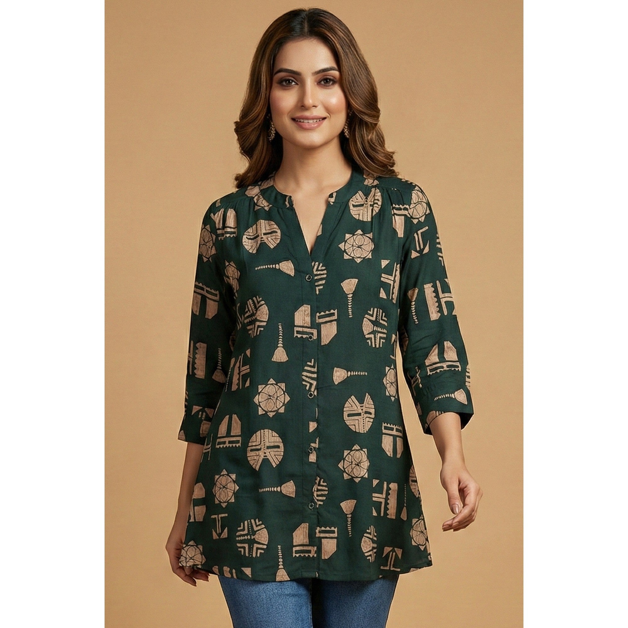 Teal Abstract Print Rayon A-Line Top with Modern Ethnic Look - Image 1