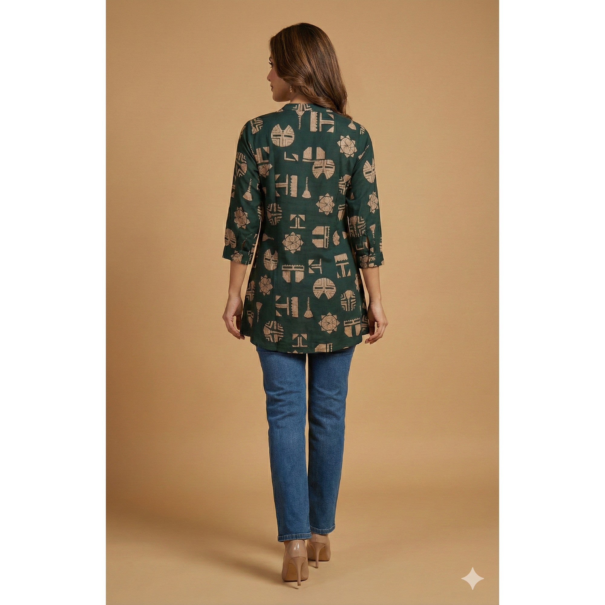 Teal Abstract Print Rayon A-Line Top with Modern Ethnic Look - Image 3