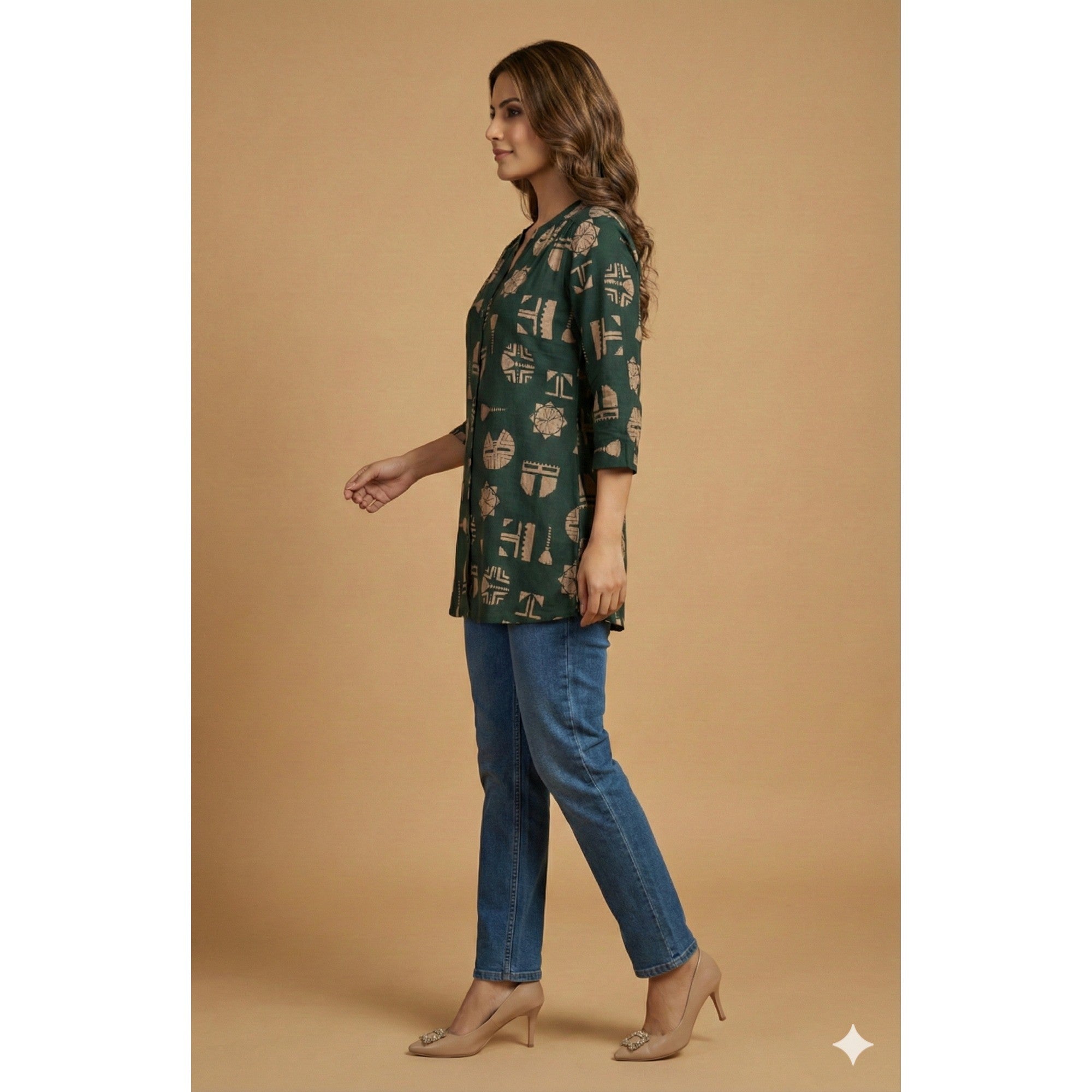 Teal Abstract Print Rayon A-Line Top with Modern Ethnic Look - Image 4