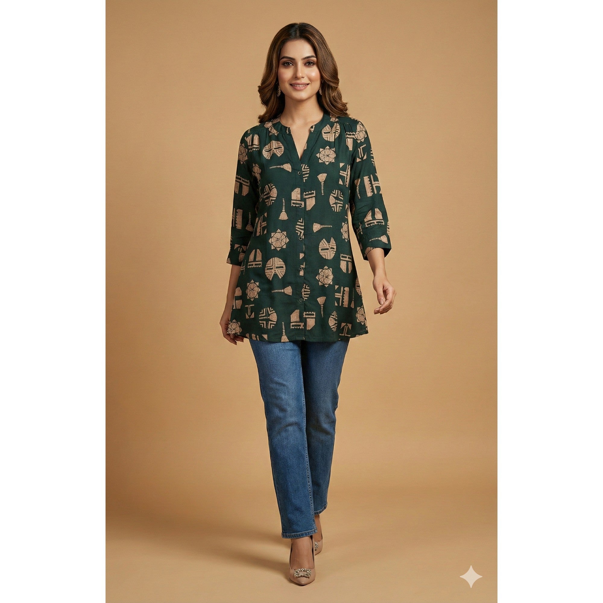 Teal Abstract Print Rayon A-Line Top with Modern Ethnic Look - Image 5