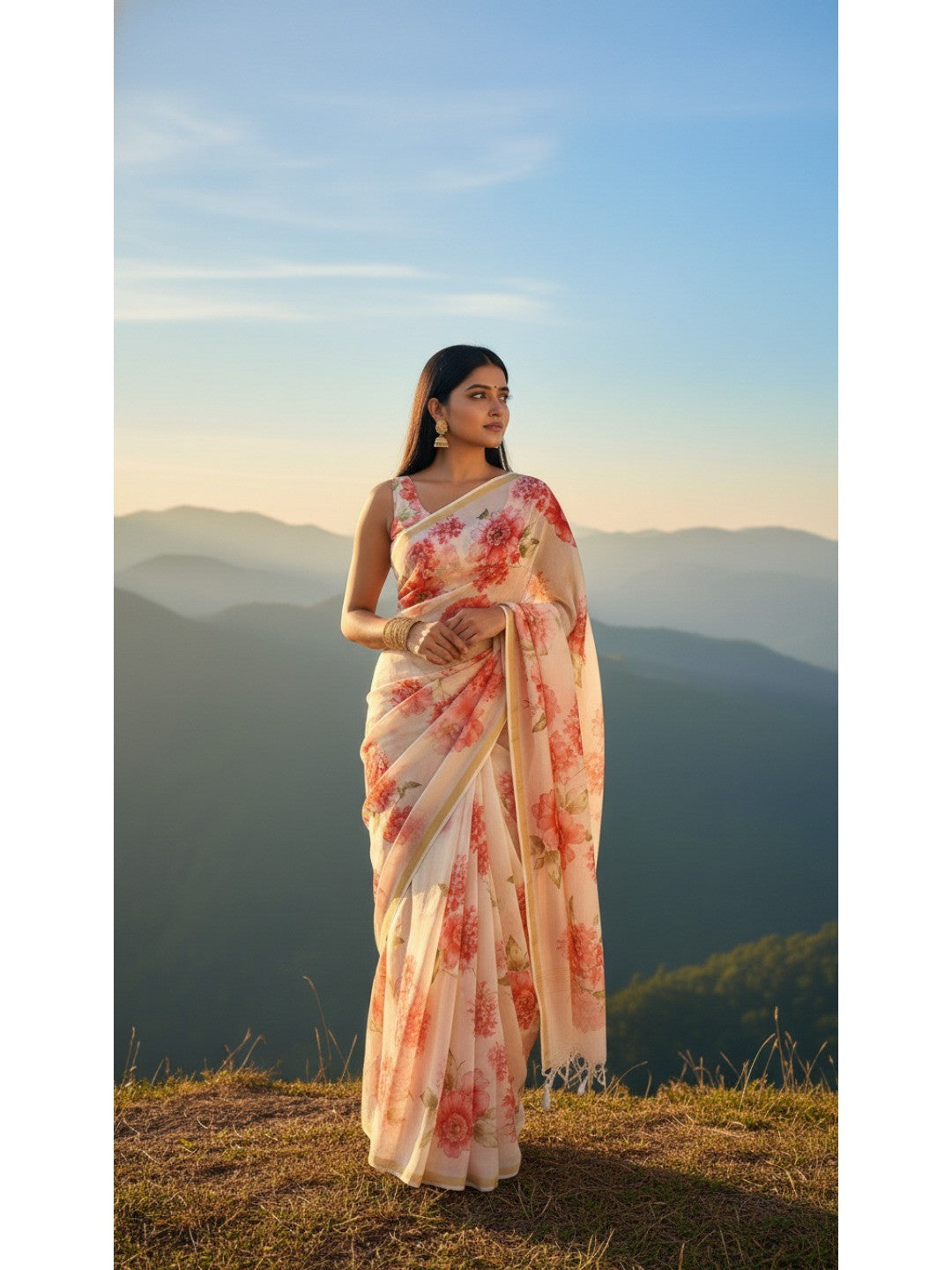 Charming Cream Floral Printed Chanderi Cotton Saree Highlighted By Intricate Zari Border Work - Image 1