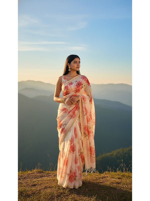 Charming Cream Floral Printed Chanderi Cotton Saree Highlighted By Intricate Zari Border Work - Image 1