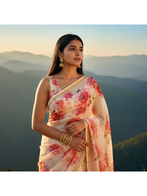 Charming Cream Floral Printed Chanderi Cotton Saree Highlighted By Intricate Zari Border Work - Image 2