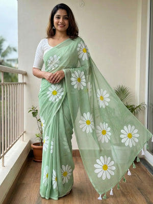 Pista Green Georgette Saree Featuring Delicate Floral Prints & Tassels Pallu - Image 1