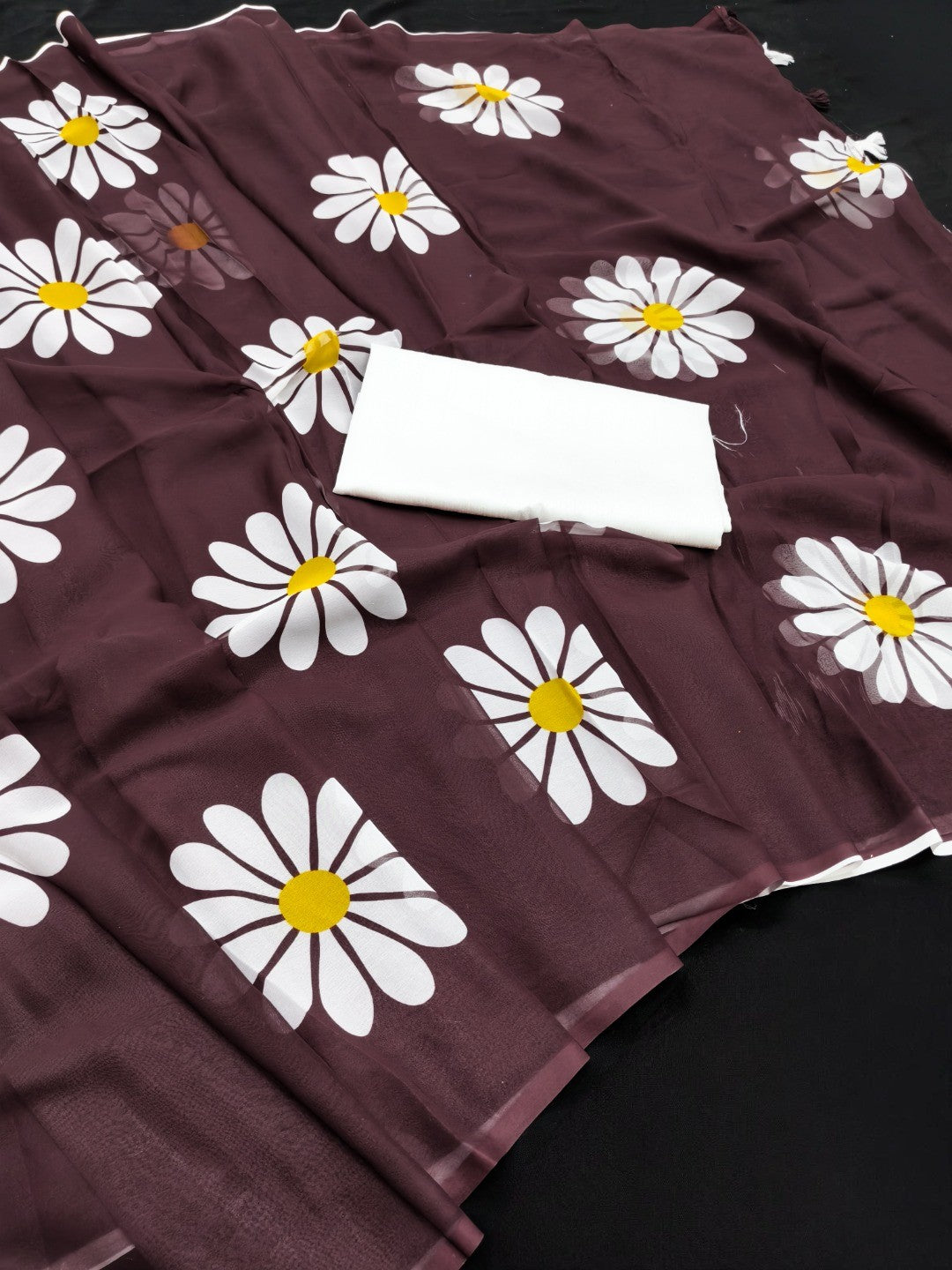 Wine Georgette Saree Featuring Delicate Floral Prints & Tassels Pallu - Image 3