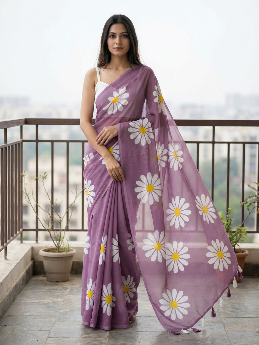 Mauve Georgette Saree Featuring Delicate Floral Prints & Tassels Pallu - Image 1
