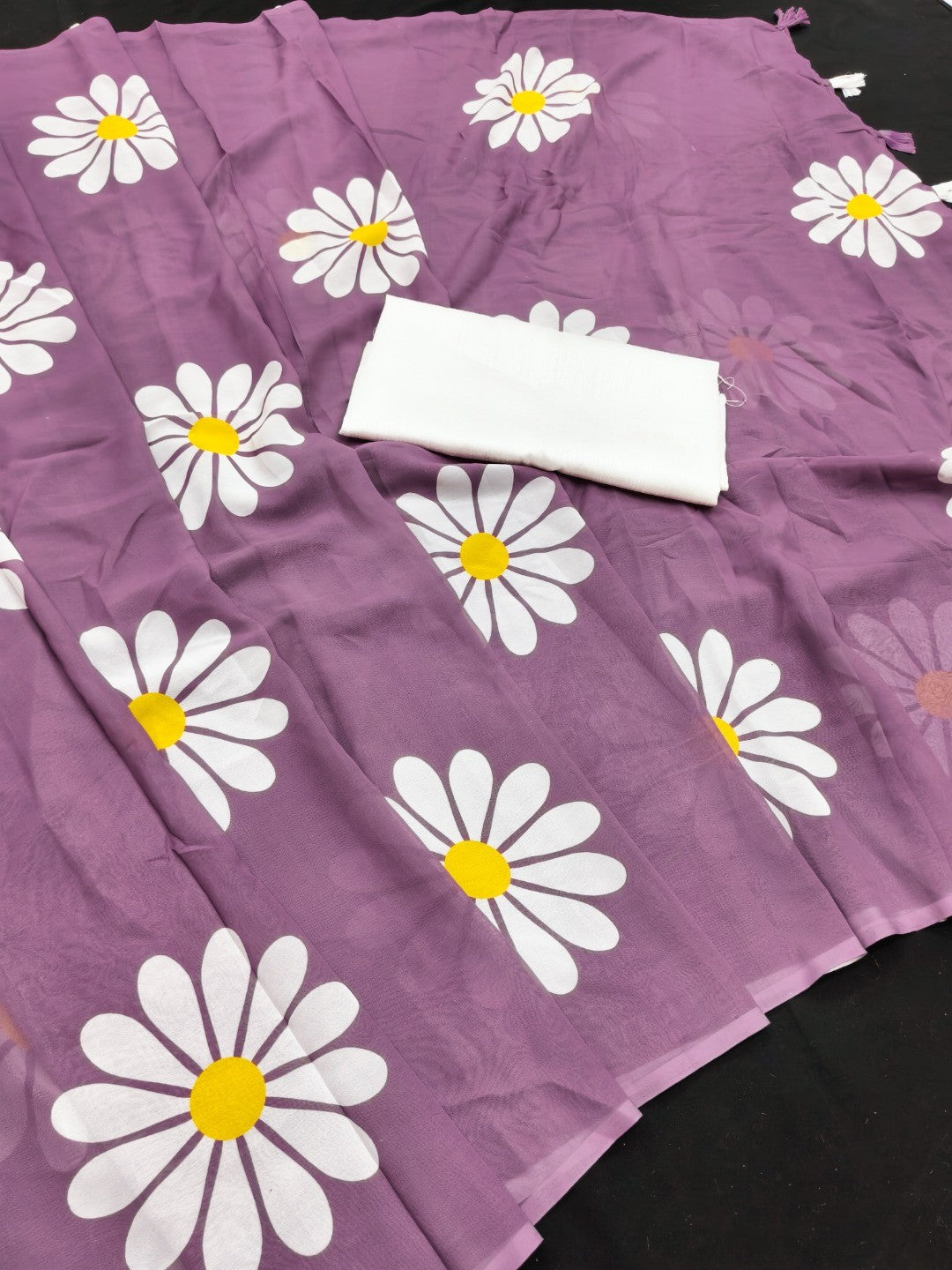 Mauve Georgette Saree Featuring Delicate Floral Prints & Tassels Pallu - Image 2