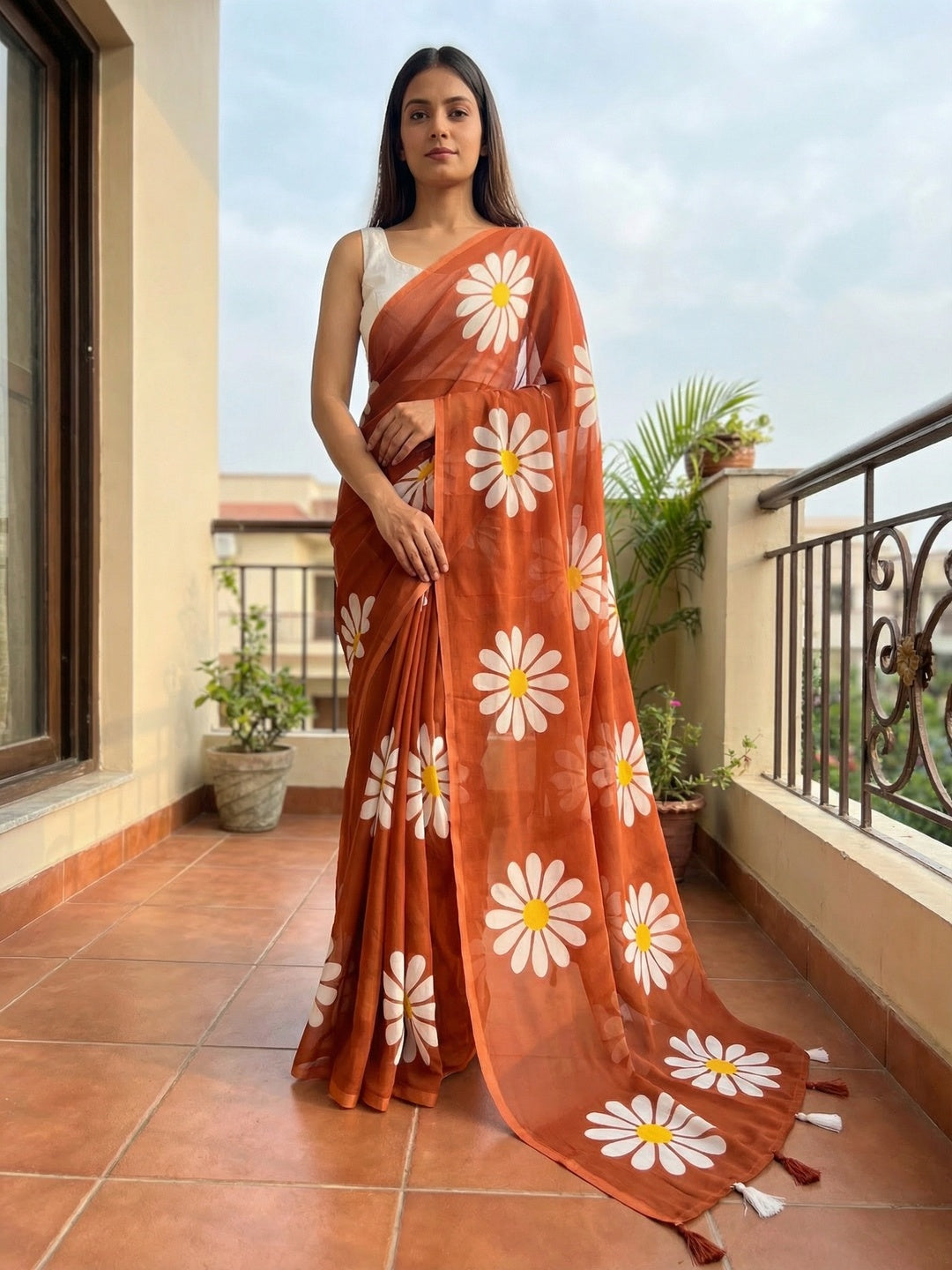 Rust Georgette Saree Featuring Delicate Floral Prints & Tassels Pallu - Image 1