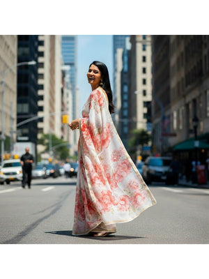 Charming White Floral Printed Chanderi Cotton Saree Highlighted By Intricate Zari Border Work - Image 2