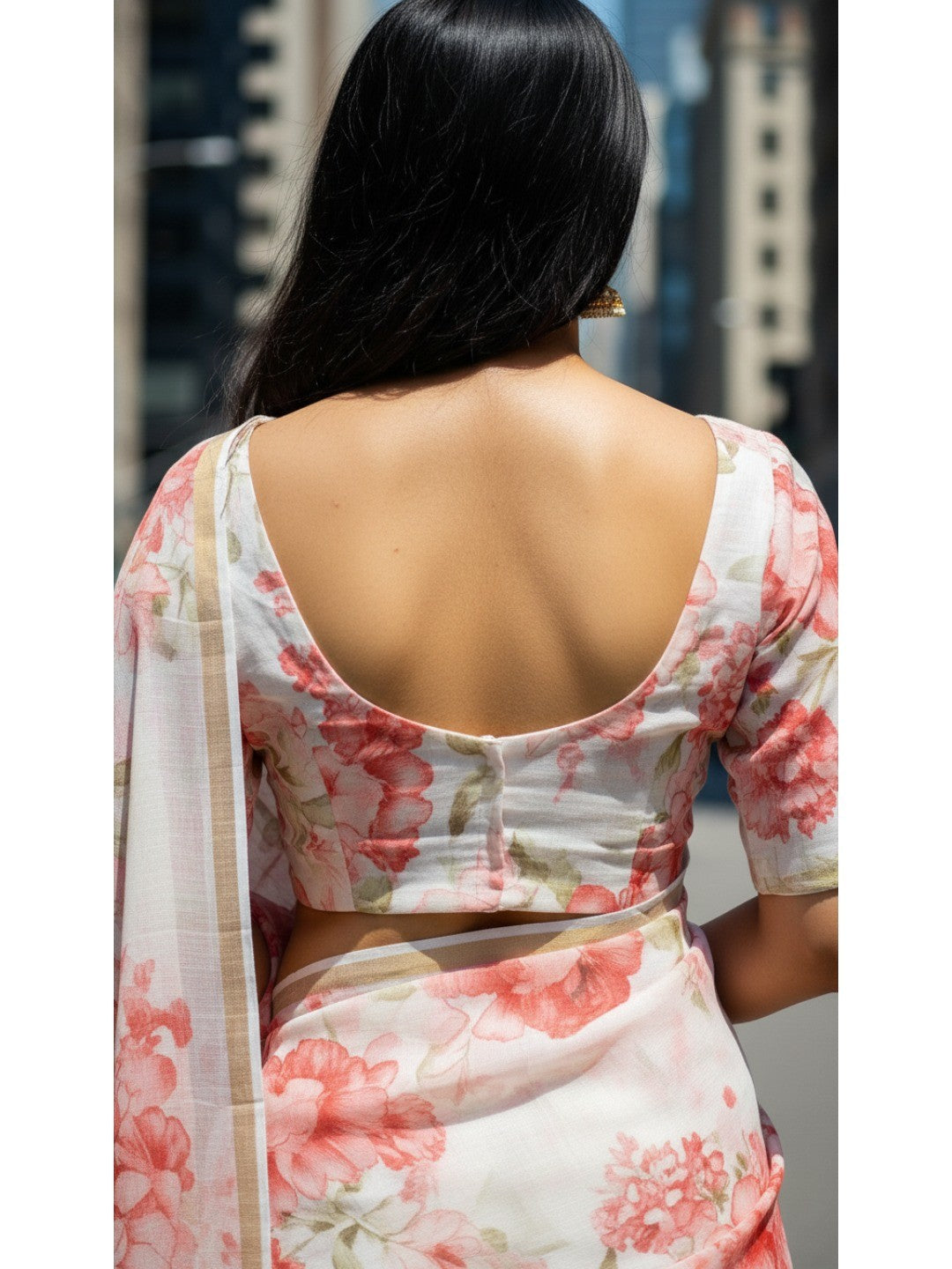 Charming White Floral Printed Chanderi Cotton Saree Highlighted By Intricate Zari Border Work - Image 4