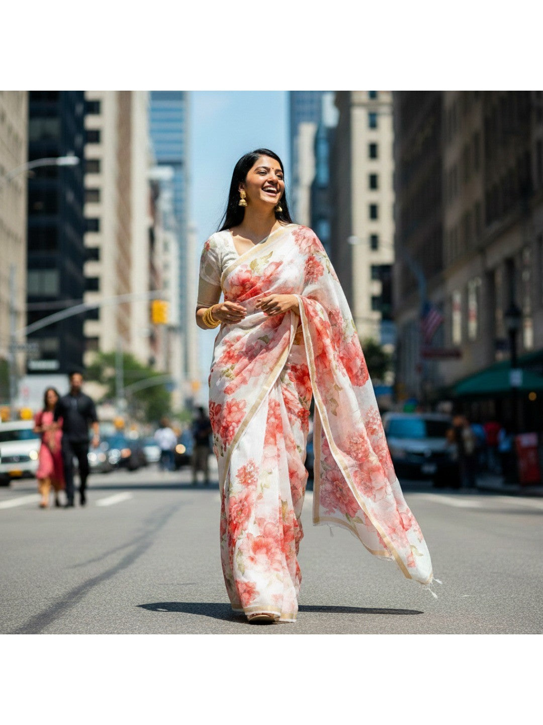 Charming White Floral Printed Chanderi Cotton Saree Highlighted By Intricate Zari Border Work - Image 6