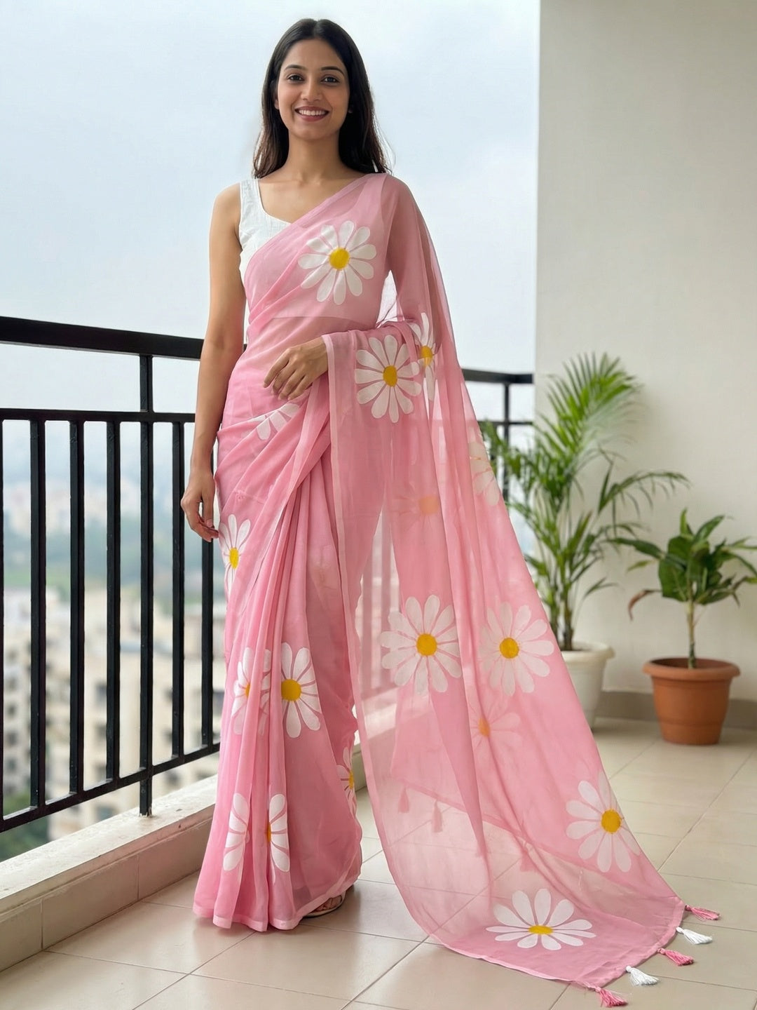 Baby Pink Georgette Saree Featuring Delicate Floral Prints & Tassels Pallu - Image 1