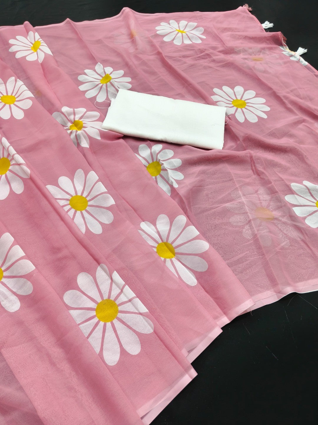 Baby Pink Georgette Saree Featuring Delicate Floral Prints & Tassels Pallu - Image 3