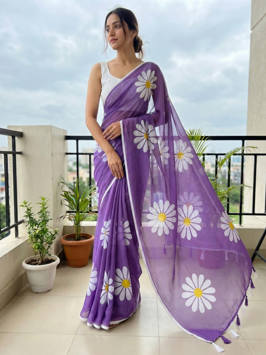 Purple Georgette Saree Featuring Delicate Floral Prints & Tassels Pallu - Image 1