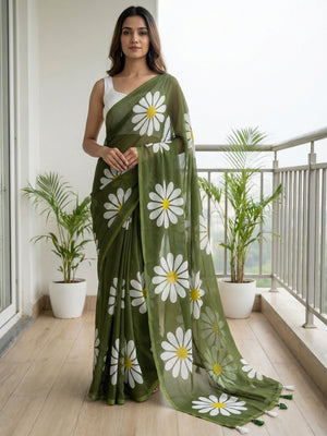 Mehendi Green Georgette Saree Featuring Delicate Floral Prints & Tassels Pallu - Image 1