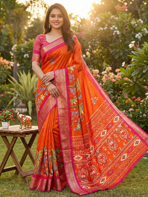 Orange Printed Dola Silk Saree with Intricate Jacquard Woven Border for Festive Wear - Image 1