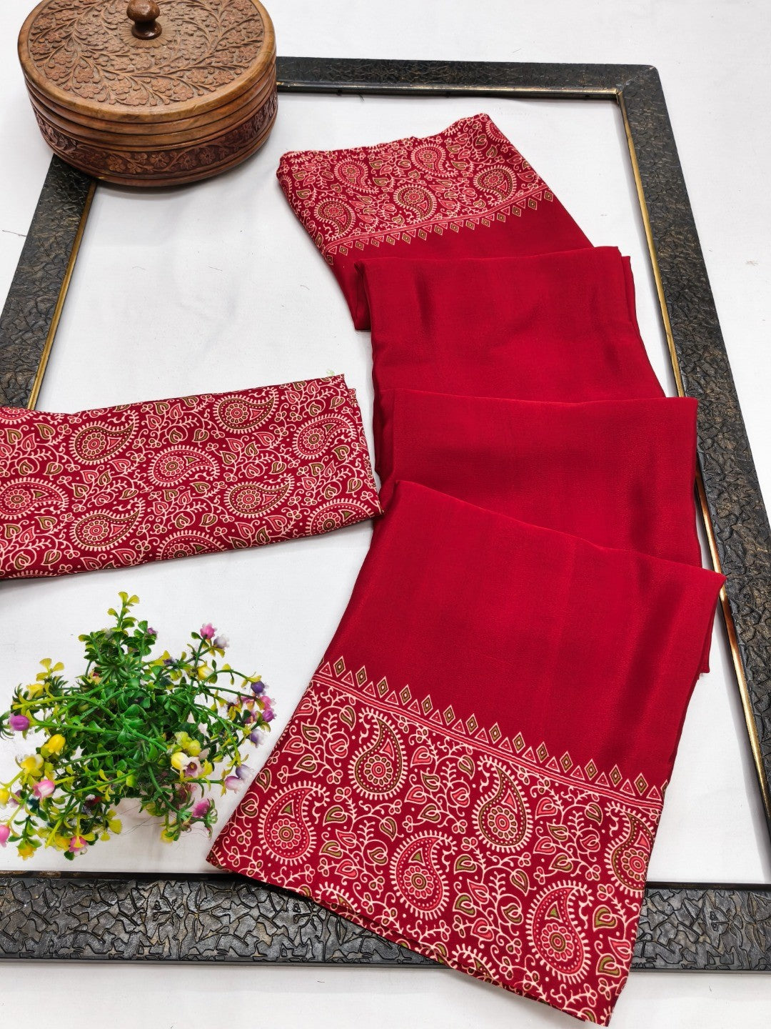 Red Satin Saree In Ajrakh Floral Print With Tassel Adorned Pallu - Image 2