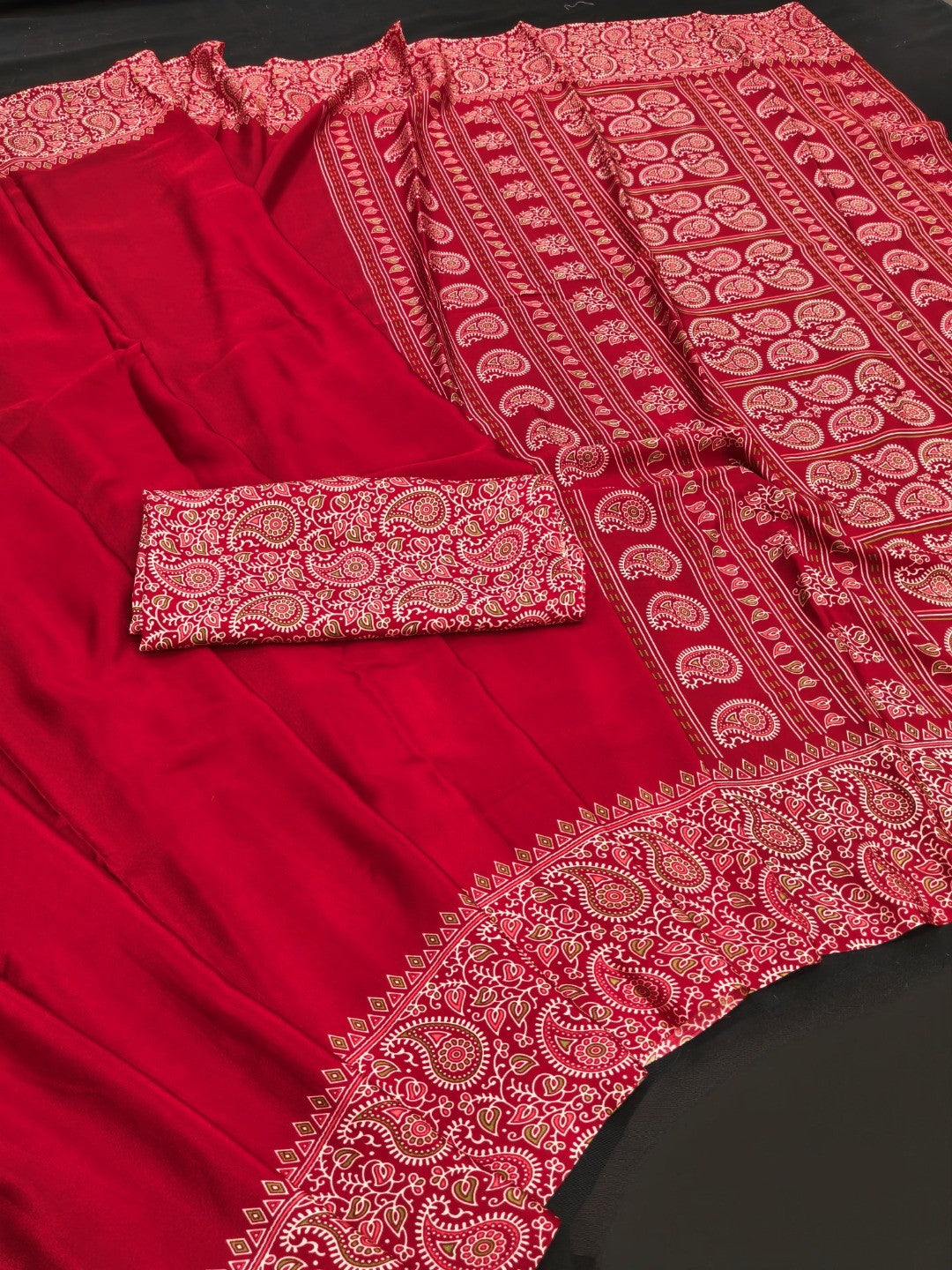 Red Satin Saree In Ajrakh Floral Print With Tassel Adorned Pallu - Image 2