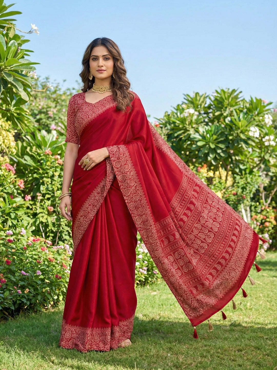 Red Satin Saree In Ajrakh Floral Print With Tassel Adorned Pallu - Image 1