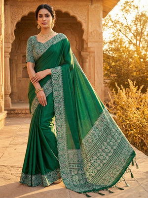 Green Satin Saree In Ajrakh Floral Print With Tassel Adorned Pallu - Image 1