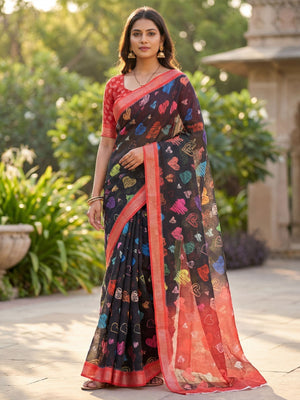 Black Abstract Printed Linen Party Wear Saree with Elegant Draping - Image 1