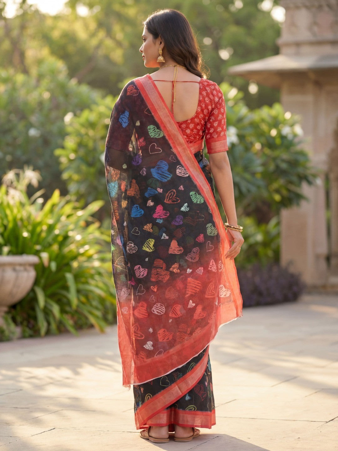 Black Abstract Printed Linen Party Wear Saree with Elegant Draping - Image 2