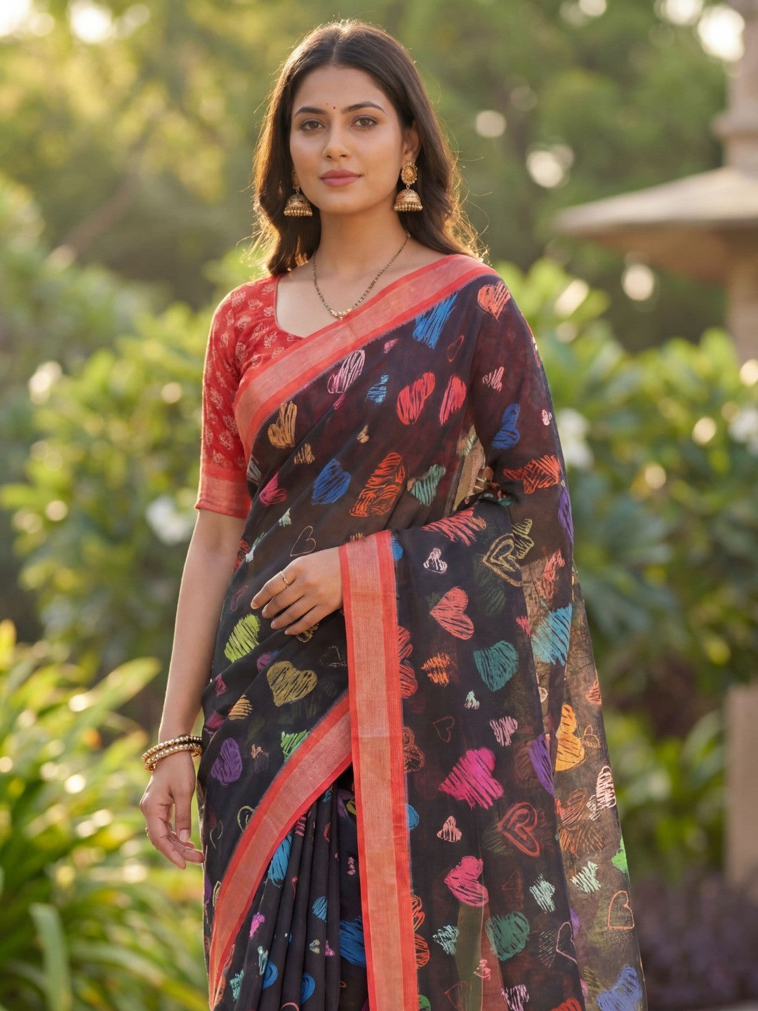 Black Abstract Printed Linen Party Wear Saree with Elegant Draping - Image 3
